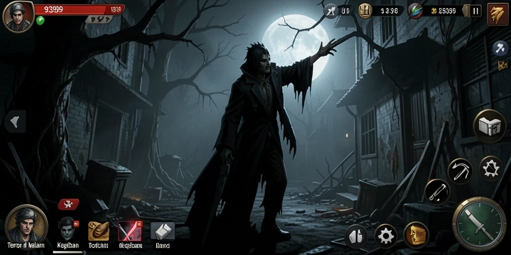 Tampilan gameplay menegangkan dari 9399 yang menggambarkan suasana menyeramkan.