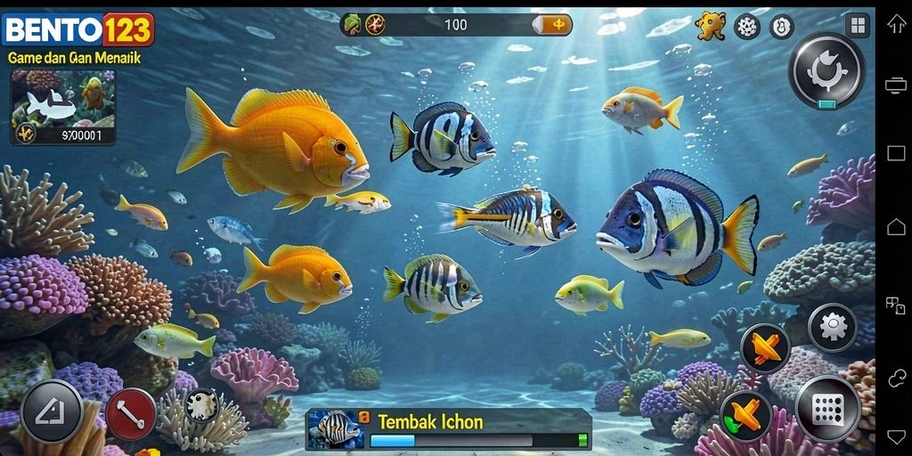 Tampilan gameplay yang menampilkan aksi menembak ikan di laut.