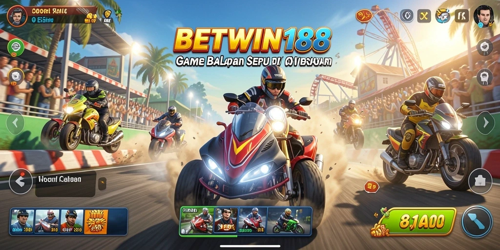 Screenshot gameplay BETWIN188 yang menunjukkan balapan seru di trek penuh tantangan.