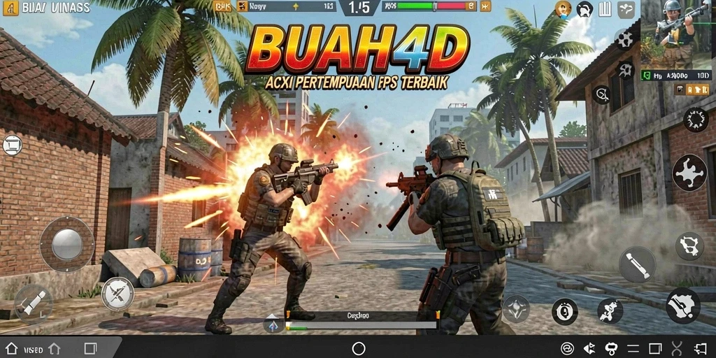 Screenshot BUAH4D menampilkan pertempuran intens dalam mode FPS.
