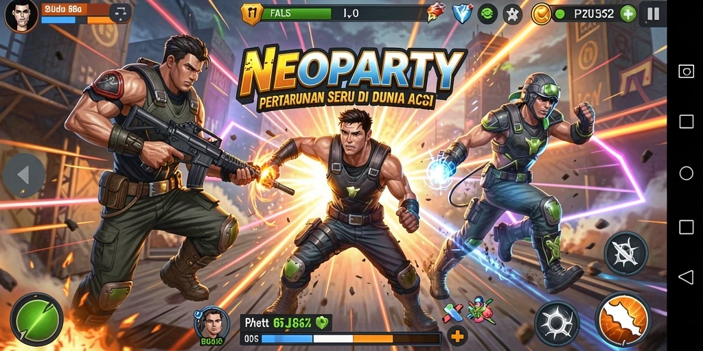 Screenshot NEOPARTY menampilkan karakter dalam aksi seru di lapangan tempur.