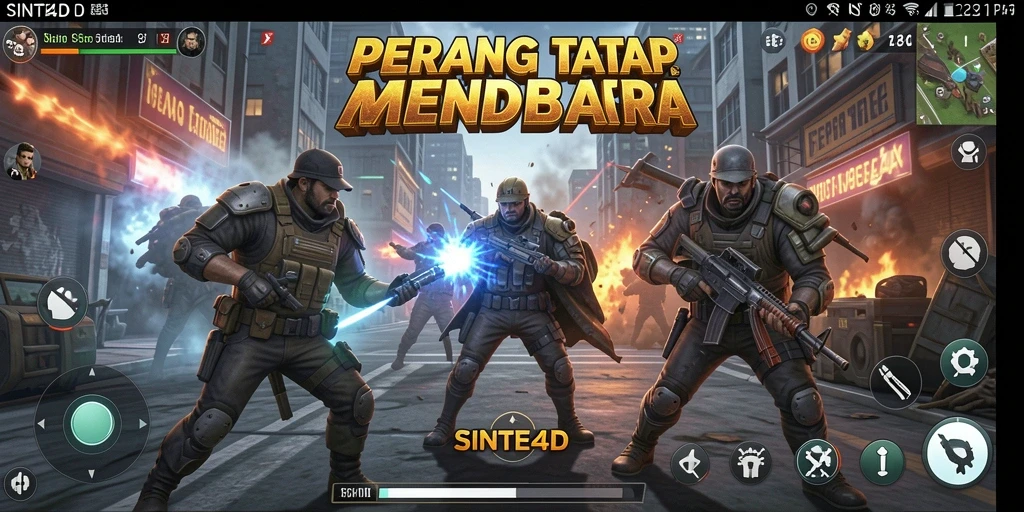 Screenshot gameplay SINTE4D menampilkan aksi tembak-menembak yang intens.